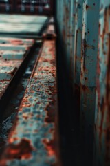 Poster - Rusty train track next to a building, suitable for industrial concepts