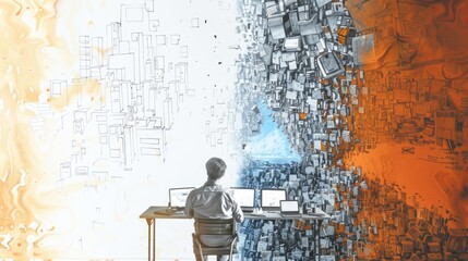 Aufkleber - A man sitting at a desk with a laptop computer. Suitable for business and technology concepts