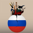 economic crisis, Refinery destruction, military industry and collapse, sanctions in Russia. Russian flag ball cracked