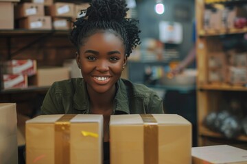 Aufkleber - A woman smiling behind a stack of boxes. Suitable for business and storage concepts