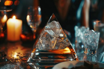 Aufkleber - A pyramid of ice sitting on a table. Ideal for winter and cold themes