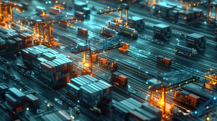 Poster - Aerial view of a train yard at night. Perfect for transportation industry promotions