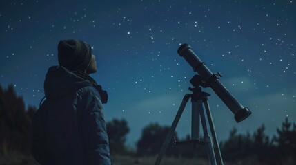 Poster - A man looking at the stars through a telescope. Suitable for astronomy enthusiasts