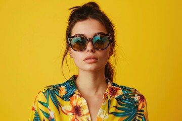 Poster - A woman wearing sunglasses and a yellow shirt. Ideal for fashion or summer concepts