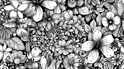 a black and white drawing of flowers and butterflies. suitable for various design projects