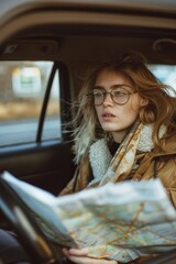 Poster - Woman sitting in a car looking at a map, suitable for travel concept