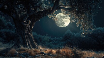 Poster - A serene image of a full moon shining behind a tree. Suitable for various projects
