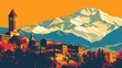 flat illustration, vintage style, Independence Day of Georgia, old Georgian city on a mountain background