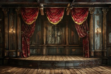 Poster - A stage with red curtains and wooden floor. Perfect for theater or performance concepts