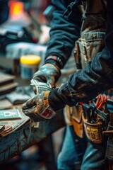 Poster - A man is seen working with various tools on a table. Suitable for construction or DIY projects