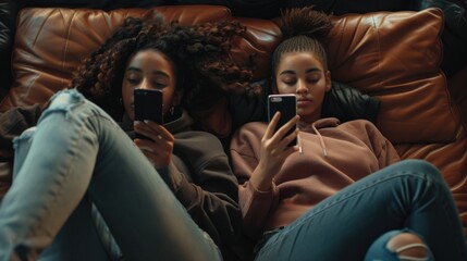 Poster - Two women relaxing on a couch while using their cell phones. Great for illustrating modern technology and leisure time activities
