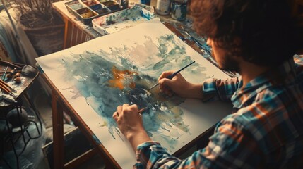 Aufkleber - A man is painting a picture on a canvas. Suitable for artistic projects