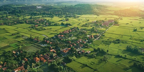 Poster - A bird's eye view of a quaint countryside village. Perfect for travel brochures or real estate promotions