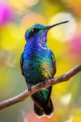 Poster - Vibrant hummingbird perched on a tree branch, suitable for nature themes