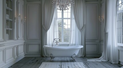 Wall Mural - A white bathtub in a bathroom with a view of the outdoors. Suitable for home decor and interior design concepts