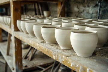 Poster - A row of white bowls on a wooden shelf. Perfect for kitchen or interior design concepts