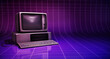 Retro PC, 3D illustration background with copy space. Neon purple colors, grid lines and a new retro wave aesthetic, ideal for programmers and gamers