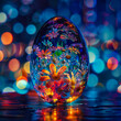 Background with glass egg in which there are spring flowers
