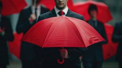 Poster - A man in a suit and tie holding a red umbrella. Suitable for business and weather concepts