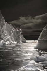 Aufkleber - A stunning black and white photo of icebergs floating in the ocean. Perfect for environmental themes