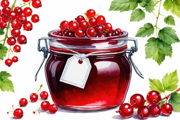 Wall Mural - Red currant jam or marmalade and fresh red currants in watercolor style.