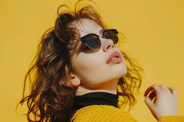 Aufkleber - Stylish woman in yellow sweater and black sunglasses, perfect for fashion blogs or advertising