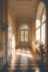 Poster - A hallway with a checkered floor and a door, suitable for interior design concepts