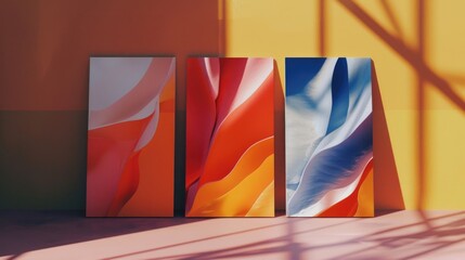 Poster - Three vibrant abstract paintings displayed on a sunny yellow wall. Ideal for interior design projects or art-related content