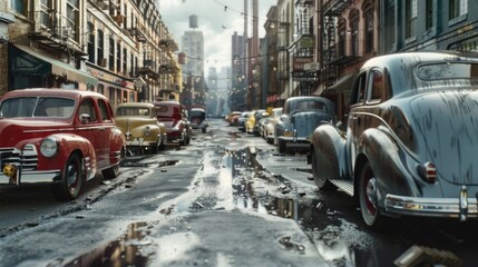 Naklejka na meble Urban scene with vintage cars, ideal for automotive or city-themed projects