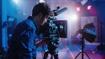Poster - A man standing next to a camera on a tripod. Ideal for photography concepts