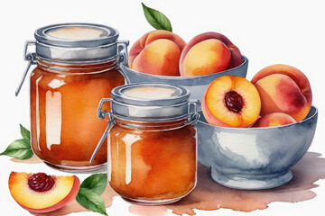 Wall Mural - Peach jam or marmalade and fresh peach in watercolor style.