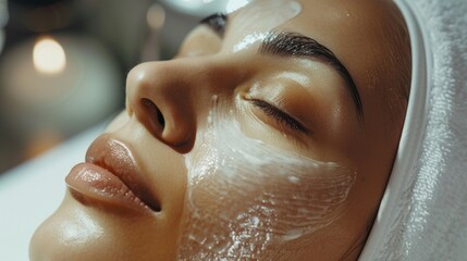 Poster - Close up of a woman with a towel on her head, suitable for beauty and skincare concepts