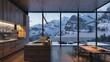 A cozy, modern kitchen with large windows overlooking a snowy mountain range, with the first light of dawn painting the peaks in soft colors. The kitchen combines natural wood and stone finishes