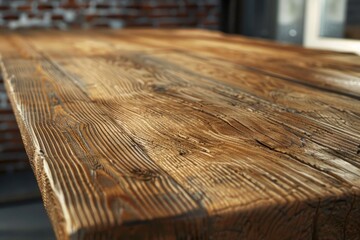 Poster - Close up view of a wooden table with a brick wall in the background. Ideal for interior design concepts