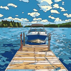Poster - A boat is docked on a wooden dock. Suitable for marine and transportation themes