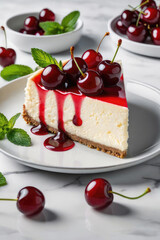 Wall Mural - Tasty cherry cheesecake with cherry on a white marble background.