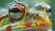 Close up of a frog's eye with water droplets. Suitable for nature and wildlife concepts