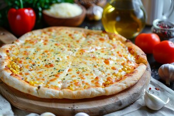 Poster - Goat cheese and honey pizza on a decorated wooden table