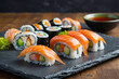 A plate of gourmet sushi rolls arranged artfully. Sushi on Traditional Japanese Plate