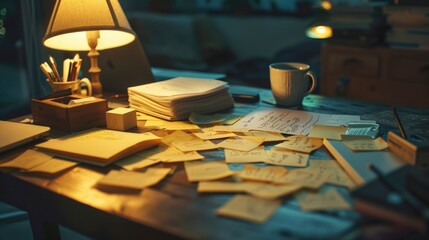 Poster - A cluttered table with colorful post it notes and a lamp, perfect for office or study themes