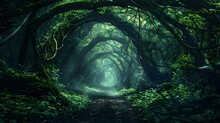 A Dense, Dark Forest With A Natural Archway Formed By Intertwining Branches Of Ancient Trees, Leading Into A Mysterious, Unexplored Part Of The Forest