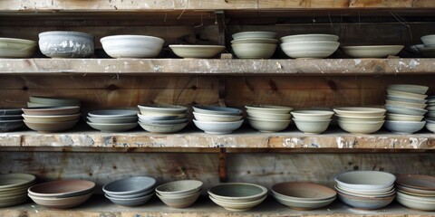 Poster - A variety of bowls and plates on a shelf. Perfect for kitchen and dining concepts