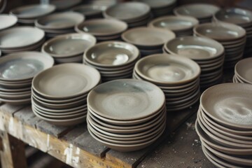 Poster - Plates displayed on a rustic wooden table, perfect for food and kitchen-related projects