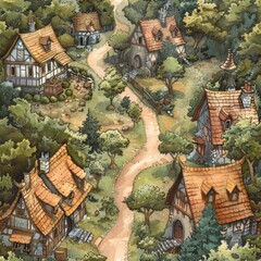 Poster - A picturesque painting of a village with a dirt road. Suitable for various design projects