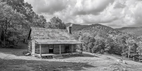 Aufkleber - A picturesque old log cabin on a grassy hill. Perfect for rustic and countryside themes