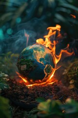 Canvas Print - A burning earth in the middle of a forest. Suitable for environmental disaster concepts