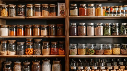 Poster - Assorted spices displayed on a shelf, perfect for culinary projects
