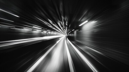 Poster - A black and white photo of a train going through a tunnel. Suitable for transportation themes