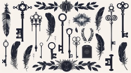 Poster - A bunch of keys and feathers, versatile image for various concepts