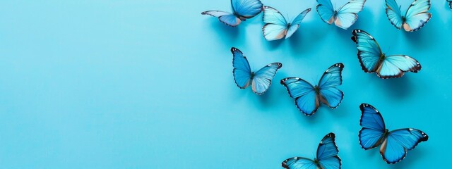 Cyan butterflies on blue background, flat lay banner with copy space for text. Blue butterflies on a light solid background banner